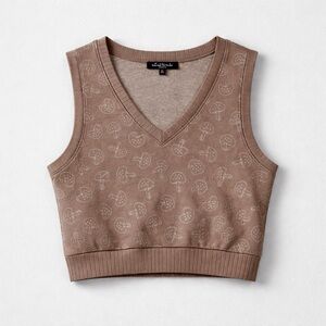 Mushroom Print V-neck Sweater Vest - Brown Size L